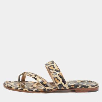 Pre Owned Manolo Blahnik Brown Leopard Pint Python Leather Thong Flat Slides Size 38