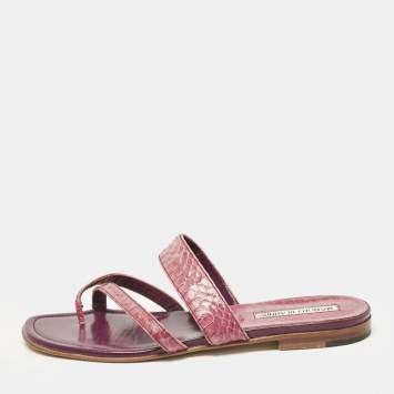 Manolo Blahnik Purple Python Leather Susa Flat Slides Size 38.5