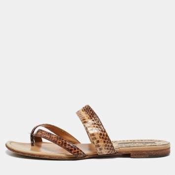 Pre Owned Manolo Blahnik Brown Python Leather Susa Flat Sandals Size 38