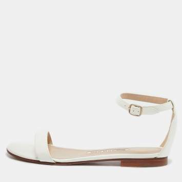 Pre Owned Manolo Blahnik White Patent Leather Ankle Strap Flat Sandals Size 37.5