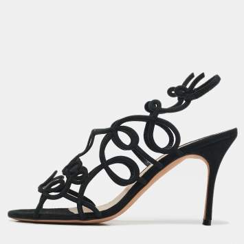 Pre Owned Manolo Blahnik Black Suede Slingback Sandals Size 37.5