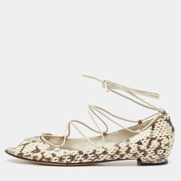 Manolo Blahnik Cream Python Leather Ballet Flats Size 37.5
