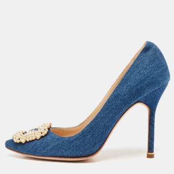 Pre Owned Manolo Blahnik Blue Denim Pearl Embellished Hangisi Pumps Size 39