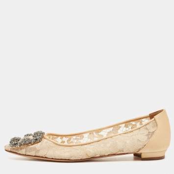 Manolo Blahnik Beige Lace and Satin Hangisi Embellished Ballet Flats Size 36
