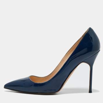 Pre Owned Manolo Blahnik Navy Blue Patent Leather BB Pumps Size 38.5
