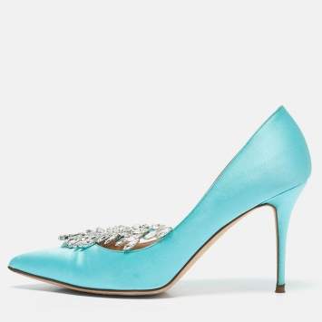 Pre Owned Manolo Blahnik Blue Satin Nadira Crystal Embellished Pointed Toe Pumps Size 38.5