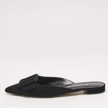 Manolo Blahnik Black Suede Maysale Flat Mules Size 38