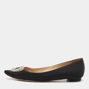 Manolo Blahnik Black Satin Hangisi Crystal Embellished Ballet Flats Size 37