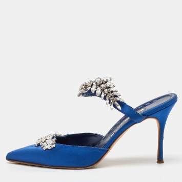 Manolo Blahnik Blue Satin Crystal Embellished Lurum Pointed Toe Mules Size 40