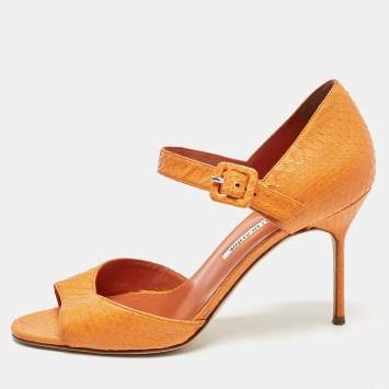 Manolo Blahnik Orange Snakeskin Embossed Leather Ankle Strap Sandals Size 38
