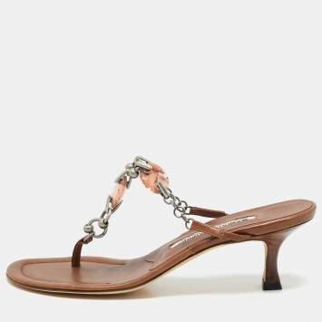 Manolo Blahnik Brown Leather Crystal Embellished Thong Slide Sandals Size 36.5