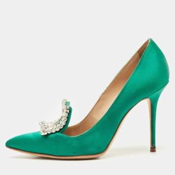 Manolo Blahnik Green Satin Borlak Crystal Embellished Pumps Size 34.5