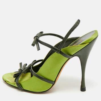 Pre Owned Manolo Blahnik Green Satin Slingback Sandals Size 37.5