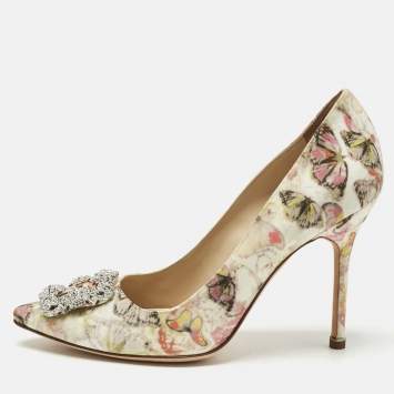 Manolo Blahnik Beige Fabric And Snake Leather Slingback