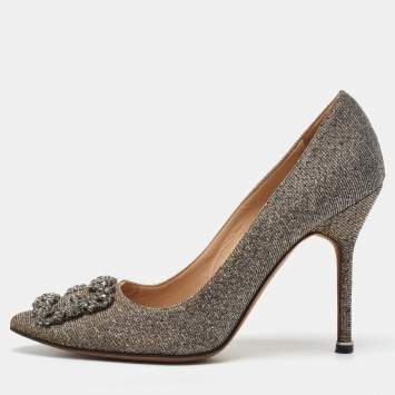 Pre Owned Manolo Blahnik Metallic Lurex Fabric Hangisi Crystal Embellished Pumps Size 38