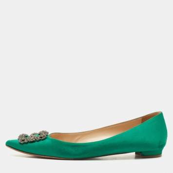 Pre Owned Manolo Blahnik Green Satin Hangisi Ballet Flats Size 42