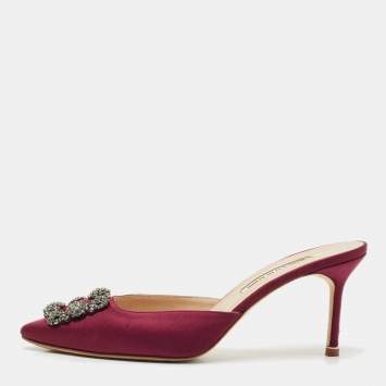 Pre Owned Manolo Blahnik Burgundy Satin Hangisi Mules Size 41