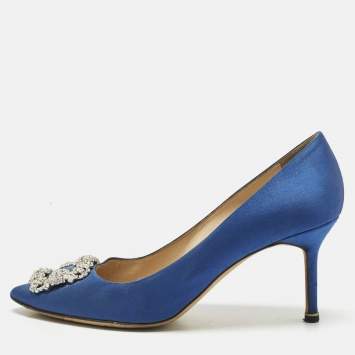 Pre Owned Manolo Blahnik Blue Satin Hangisi Crystal Embellished Pumps Size 40.5