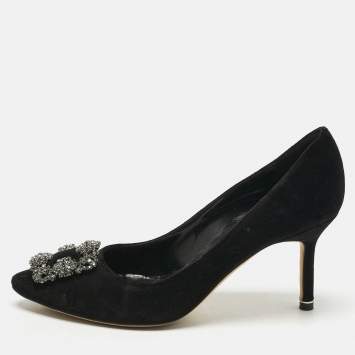 Pre Owned Manolo Blahnik Black Velvet Hangisi Pumps Size 38.5