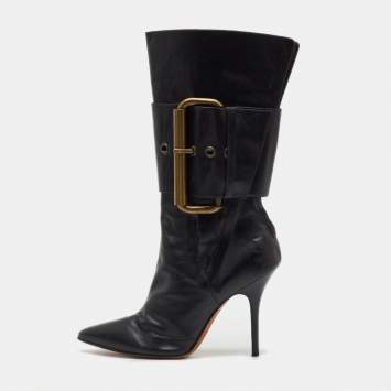 Pre Owned Manolo Blahnik Black Leather Buckle Strap Mid Calf Length Boots Size 38.5