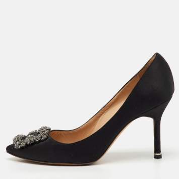 Pre Owned Manolo Blahnik Black Satin Hangisi Crystal Embellished Pumps Size 36.5