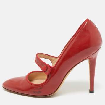 Pre Owned Manolo Blahnik Red Patent Leather Campy Mary Jane Pumps Size 35