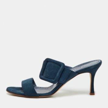 Pre Owned Manolo Blahnik Teal Blue Suede Gable Slide Sandals Size 38
