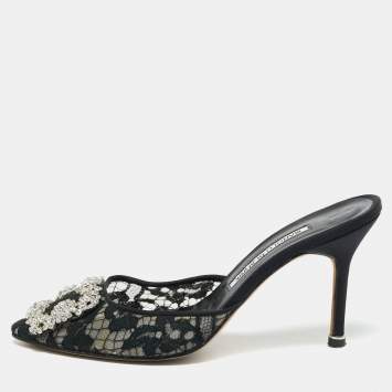Pre Owned Manolo Blahnik Black Lace and Mesh Hangisi Mules Size 36.5