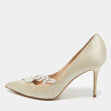 Pre Owned Manolo Blahnik Grey Satin Jewel Nadira Pointed Toe Pumps Size 38.5