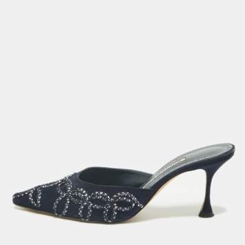 Pre Owned Manolo Blahnik Navy Blue Suede Mules Size 38.5