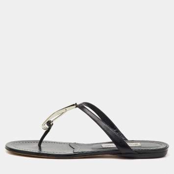 Manolo Blahnik Black Crocodile Leather Thong Sandals Size 37