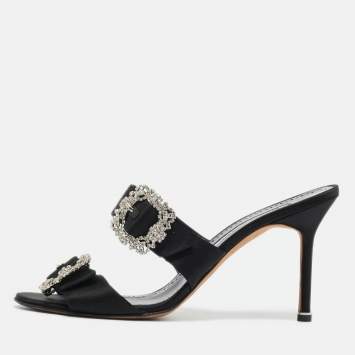 Pre Owned Manolo Blahnik Black Satin Crystal Embellished Slide Sandals Size 40