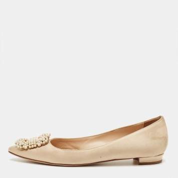 مملوكة مسبقًا Manolo Blahnik Beige Satin Hangisi Ballet Flats Size 36