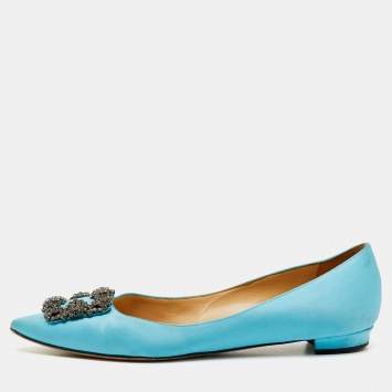 Pre Owned Manolo Blahnik Blue Satin Hangisi Ballet Flats Size 39