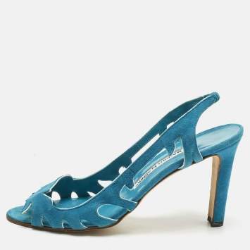 Pre Owned Manolo Blahnik Blue Suede Ankle Strap Sandals Size 38.5