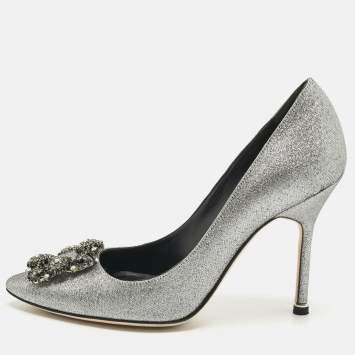 Pre Owned Manolo Blahnik Silver Lurex Fabric Hangisi Pumps Size 37.5