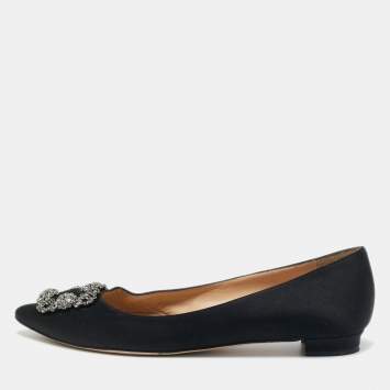 Pre Owned Manolo Blahnik Black Satin Hangisi Ballet Flats Size 40.5