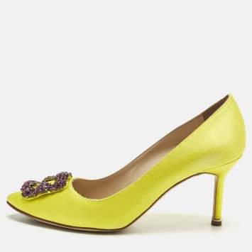 Pre Owned Manolo Blahnik Yellow Satin Hangisi Pumps Size 38.5