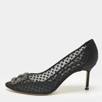 Pre Owned Manolo Blahnik Black Mesh and Satin Hangisi Pumps Size 42