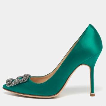 Pre Owned Manolo Blahnik Green Satin Hangisi Pumps Size 36
