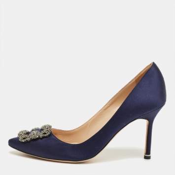 Pre Owned Manolo Blahnik Navy Blue Satin Hangisi Crystal Embellished Pumps Size 38.5