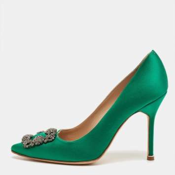 Pre Owned Manolo Blahnik Green Satin Hangisi Pumps Size 38.5