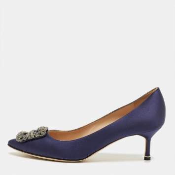 Pre Owned Manolo Blahnik Navy Blue Satin Hangisi Pumps Size 39.5