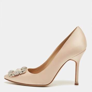 Pre Owned Manolo Blahnik Beige Satin Hangisi Pumps Size 37