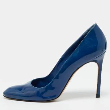Pre Owned Manolo Blahnik Size 40.5 Blue Patent Leather Almond Toe Pumps