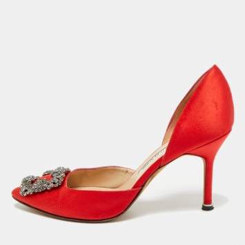 Pre Owned Manolo Blahnik Hangisi Size 37.5 Red Satin D'orsay Pumps