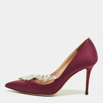 Pre Owned Manolo Blahnik Nadira Size 37 Burgundy Satin Crystal Embellished Pumps