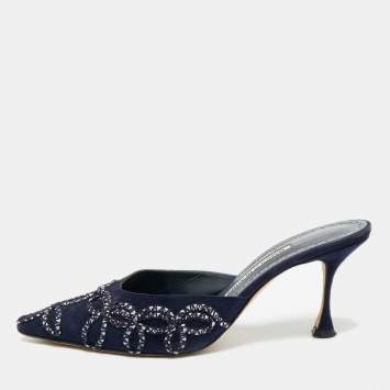 Pre Owned Manolo Blahnik Size 38.5 Navy Blue Suede Mules
