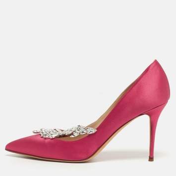 Pre Owned Manolo Blahnik Nadira Size 38.5 Pink Satin Jewel Embellished Pointed Toe Pumps