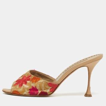 Pre Owned Manolo Blahnik Size 40 Multicolor Leather and Lurex Fabric Slide Sandals